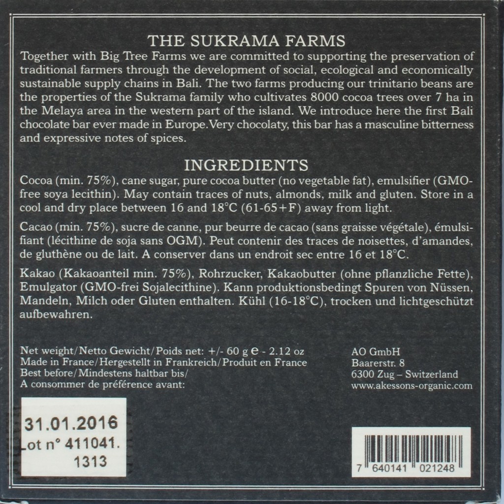 Rückseite: Åkesson Bali Sukrama Farms 75% Trinitario