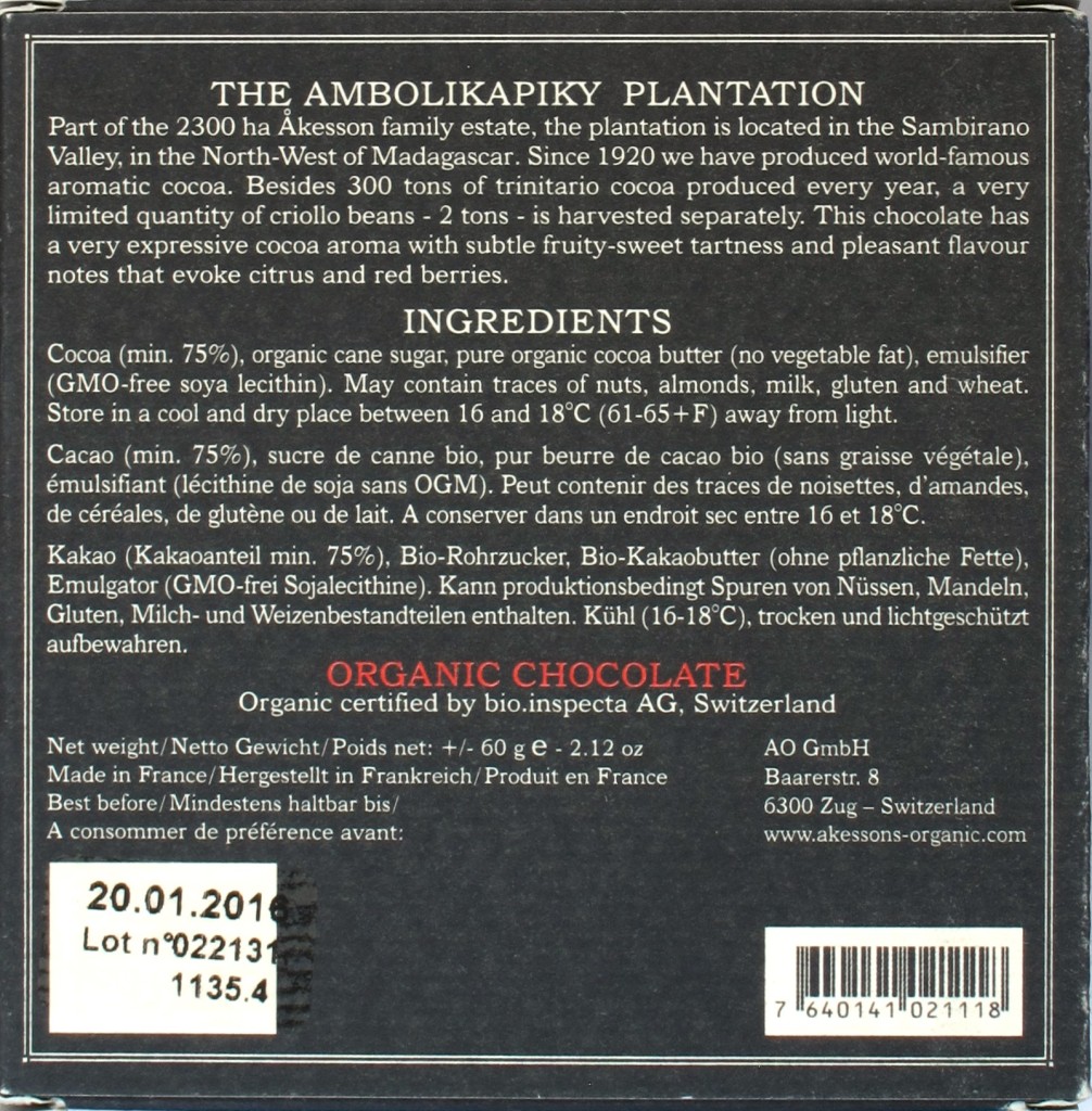 Åkesson's Criollo-Bitterschokolade, 75%, Rückseite