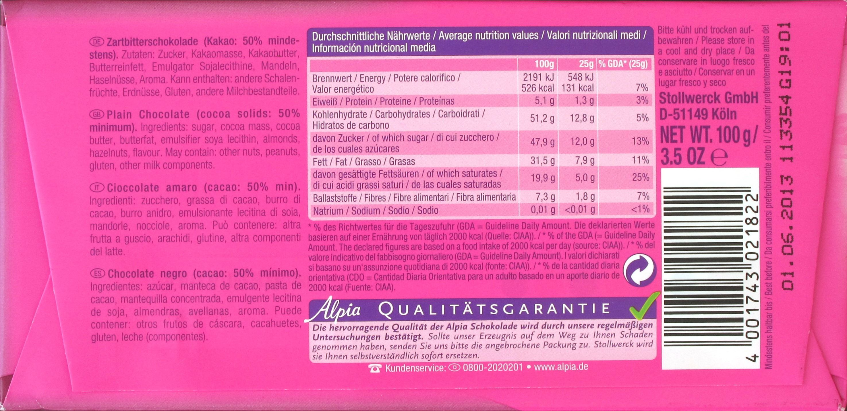 Alpia-Schokoladentafel "Zartbitter"