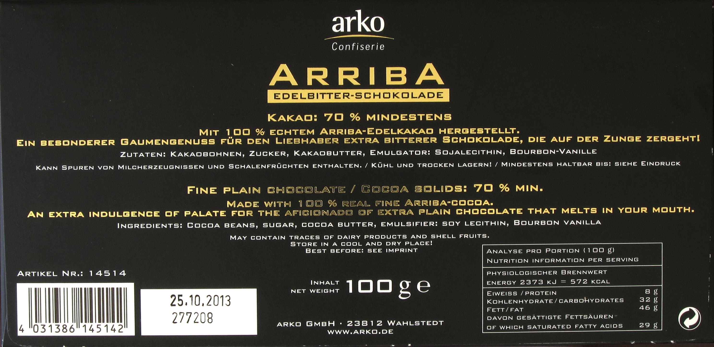 Rückseite einer Packung Arko Arriba Edelbitter Schokolade