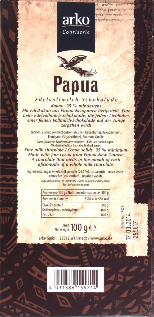 Arko-Milchschokolade 'Papua' - Rückseite