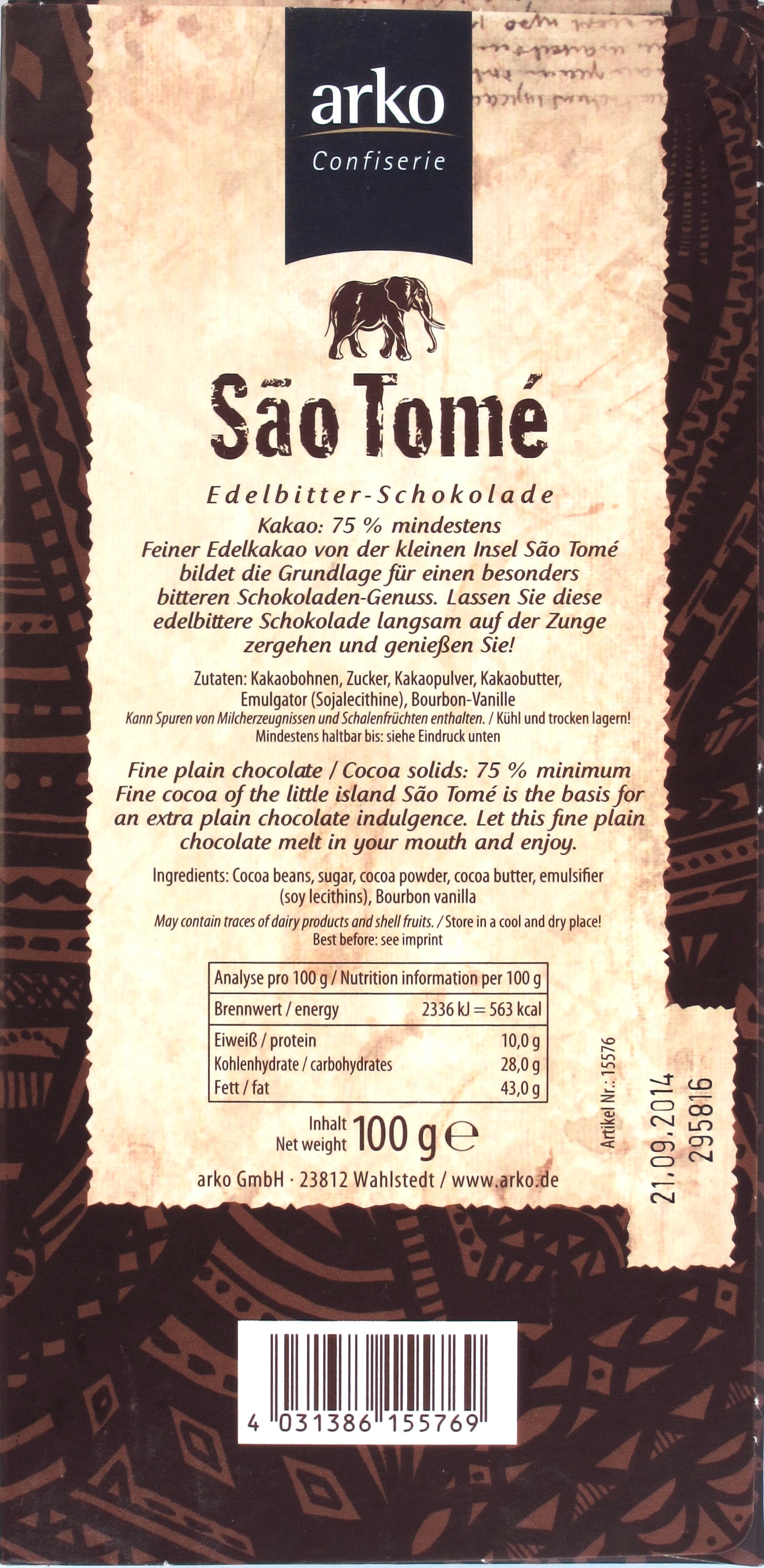 Sao-Tome-Schokolade von Arko, Rückseite