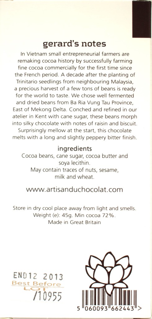 Artisan du Chocolat-Schokolade Vietnam 72% (Rückseite)