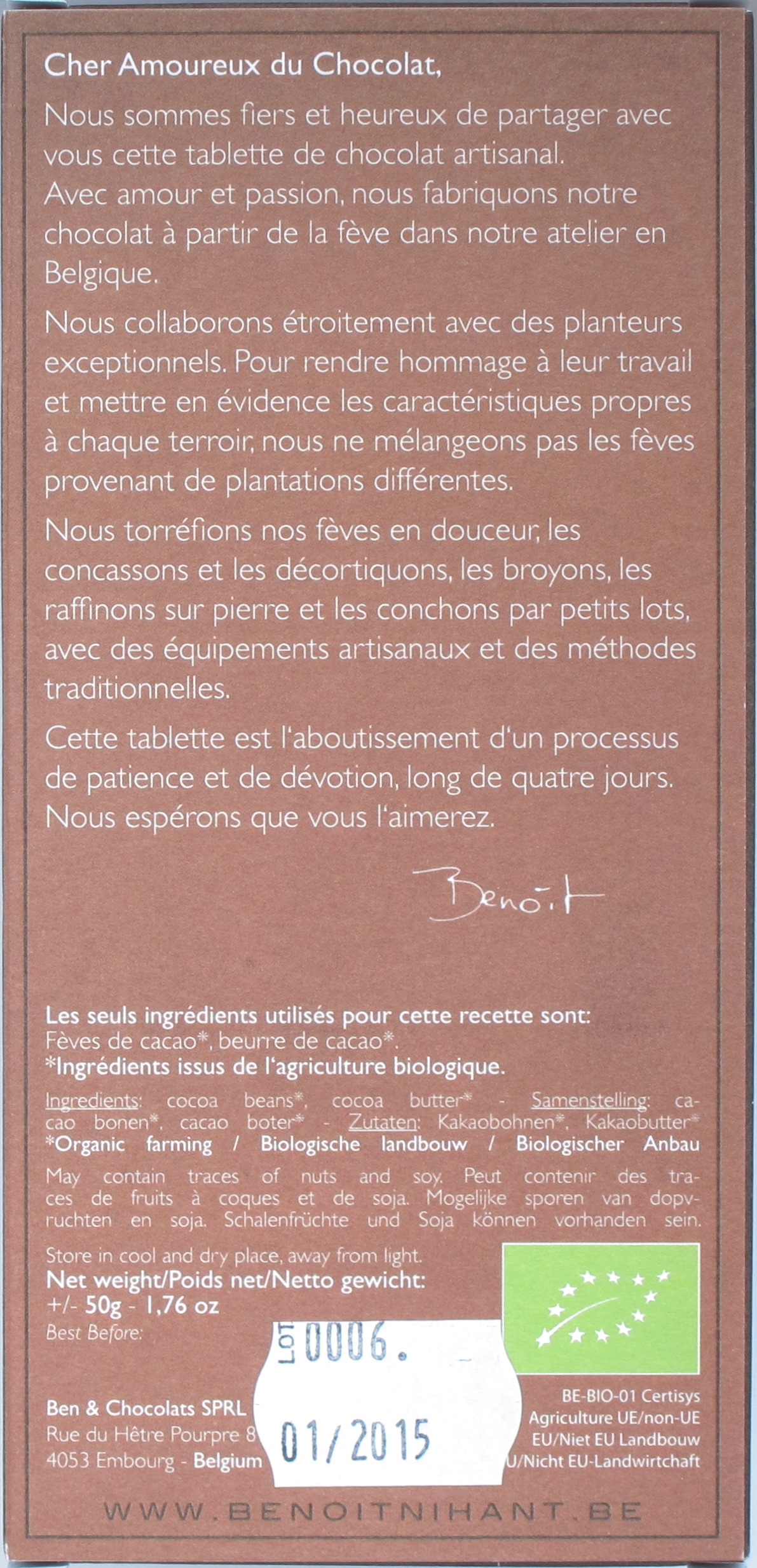100%-Bitterschokolade von Benoit Nihant, Rückseite