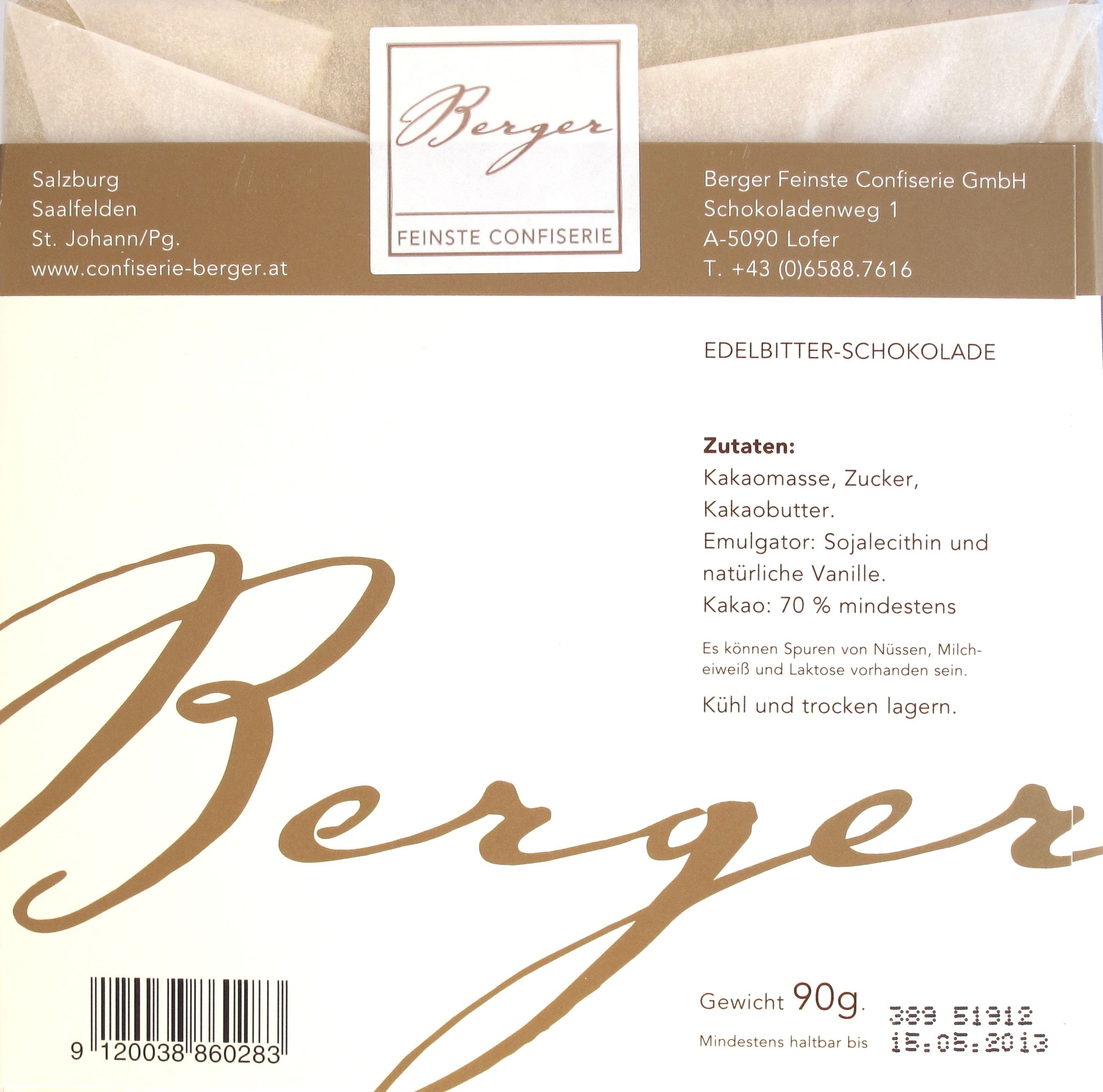 Berger-Schokolade "Edelbitter 70%" (Rückseite)