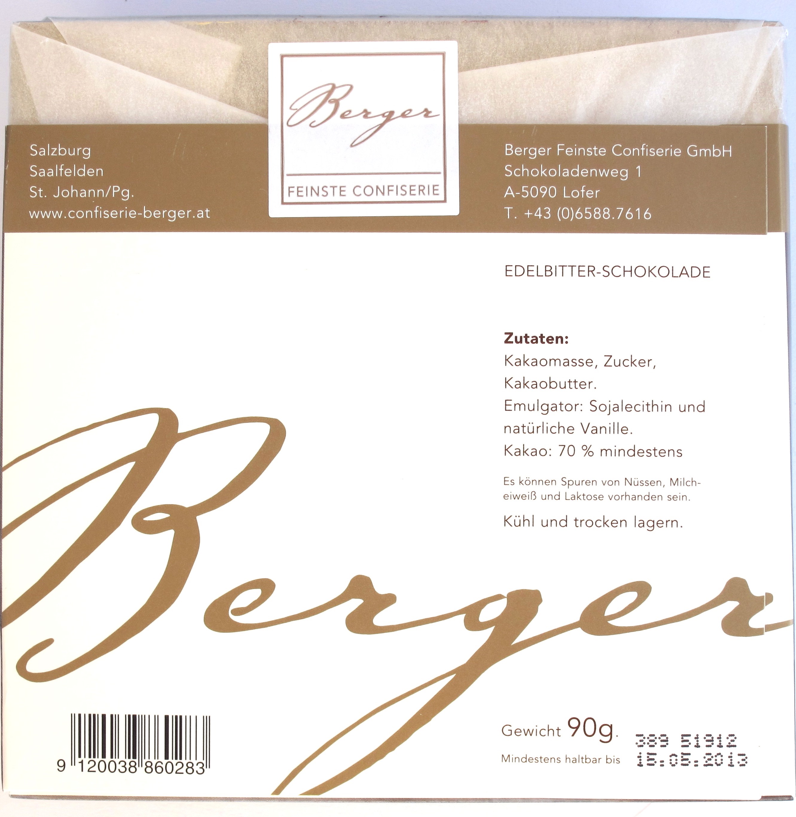 Berger 85% Schokolade, Rückseite