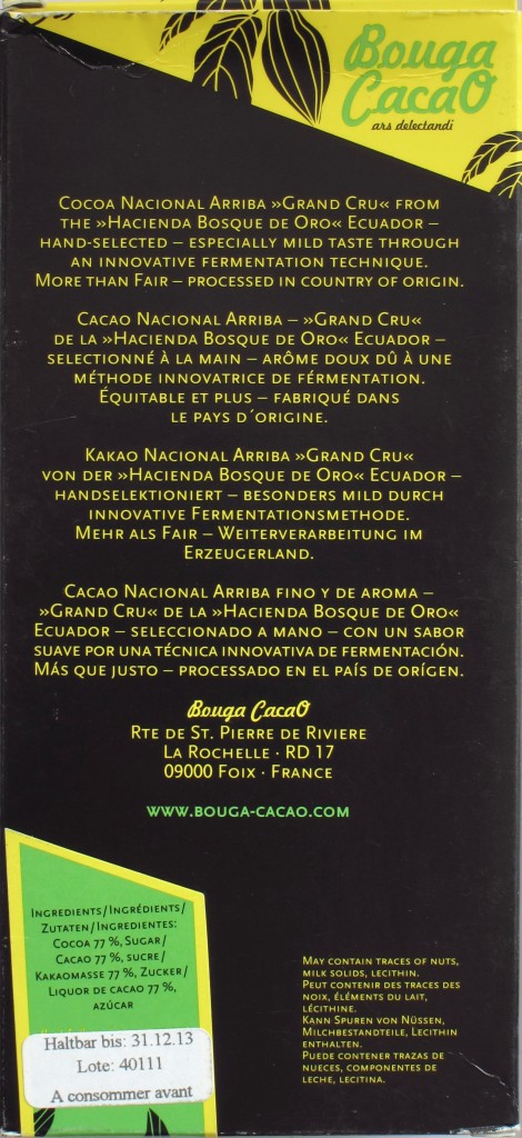 Rückseite, 77%ige Ecuador-Schokolade von Bouga CacaO