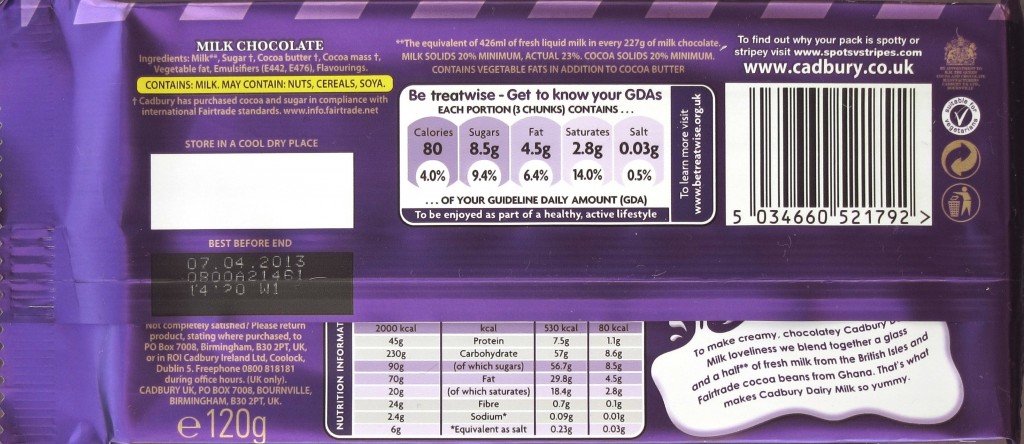 Englische Traditions-Schokolade "Cadbury Dairy Milk" - Rückseite