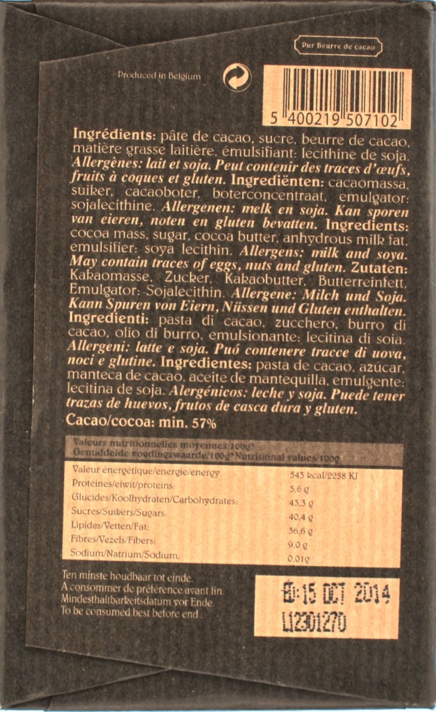 Rückseite: Belgische Bitterschokolade Café-Tasse "Noir" (57%)