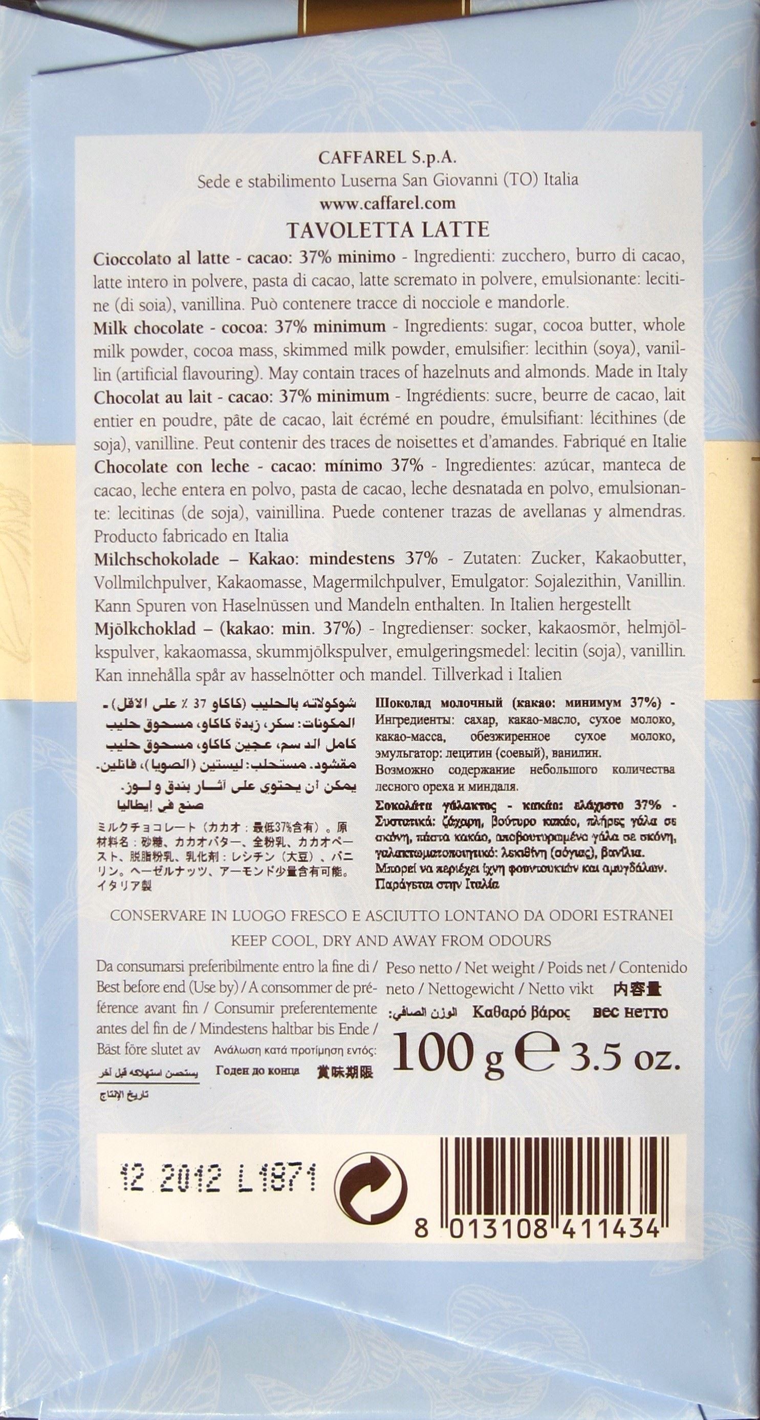 Verpackungsrückseite der Caffarel Puro Cioccolato Latte Milchschokolade