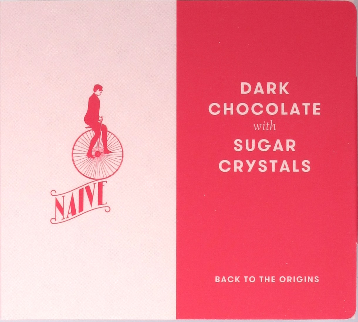 Umschlag der litauischen Schokoladenspezialität "Chocolate Naive Dark Chocolate with Sugar Crystals"