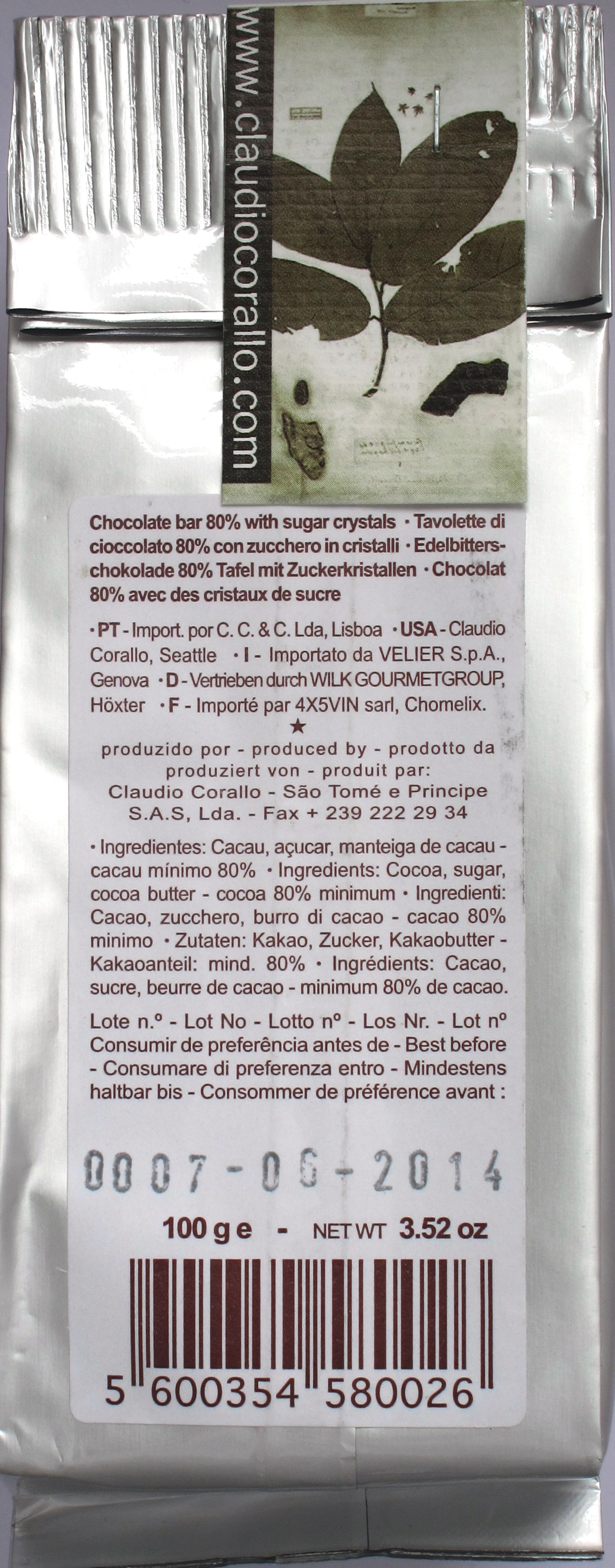 Claudio Corallo Bitterschokolade 80% mit Zuckerstückchen, Rückseite