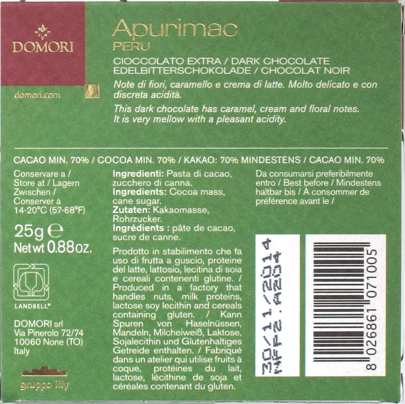 'Apurimac' - Domori Bitterschokolade - Rückseite