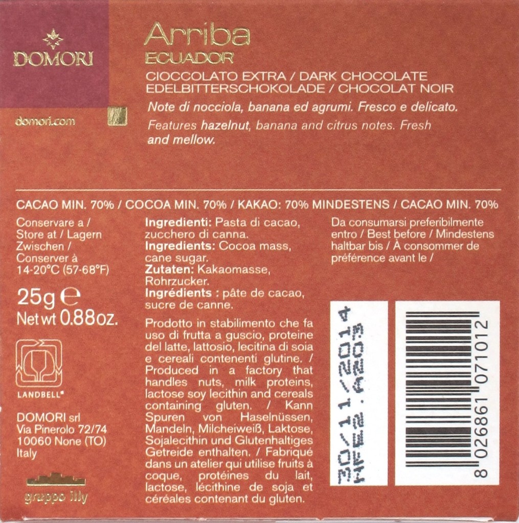 Domori Ecuador-Schokolade Arriba, Rückseite