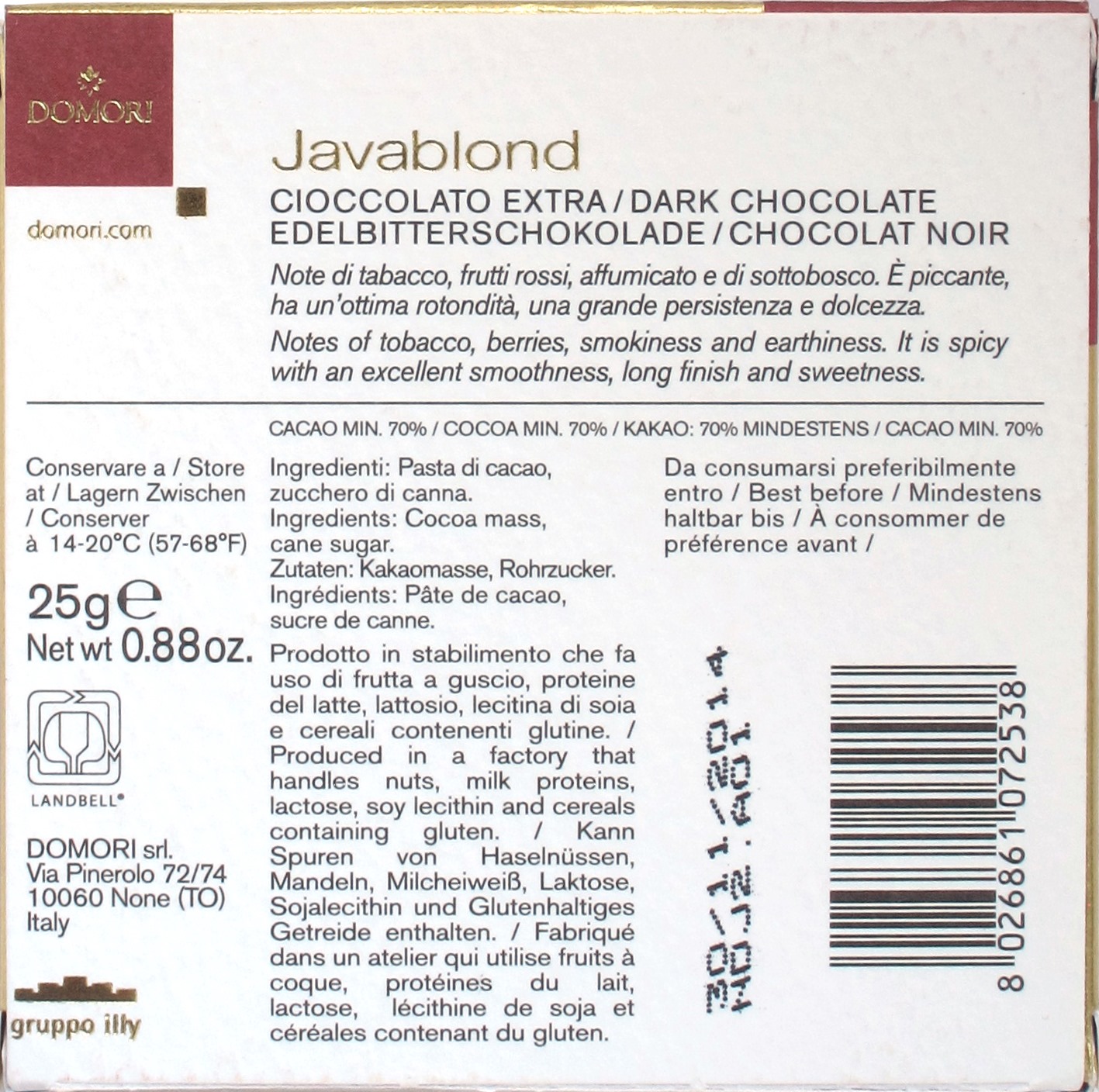 Domori 70%-Java-Schokolade, Rückseite