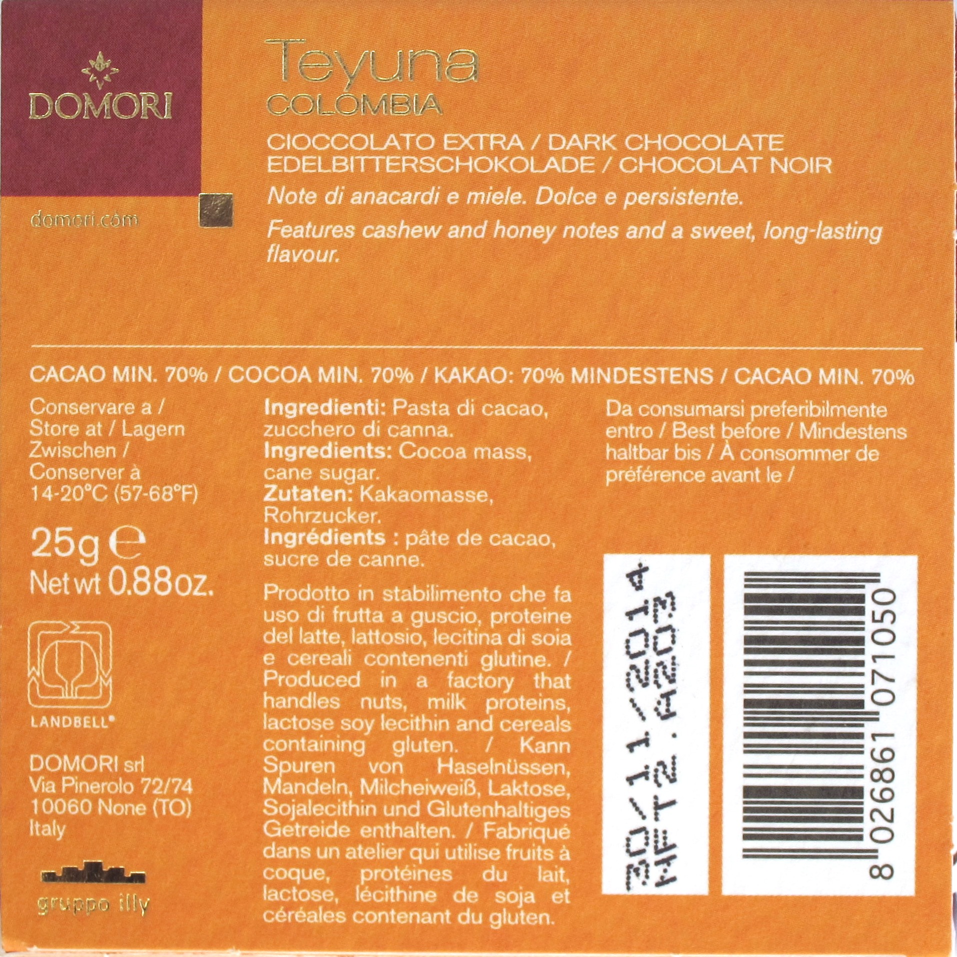 Domori Kolumbien-Bitterschokolade "Teyuna", Inhaltsangaben