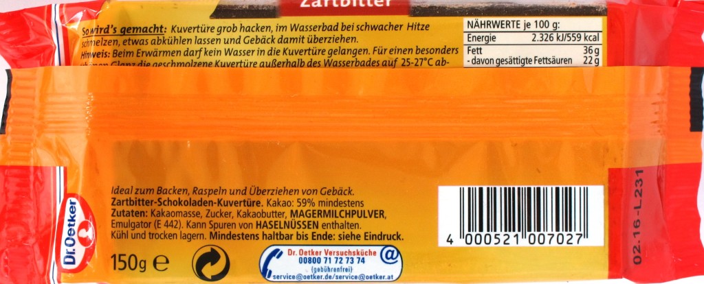 Rückseite: Dr. Oetker Zartbitterkuvertüre