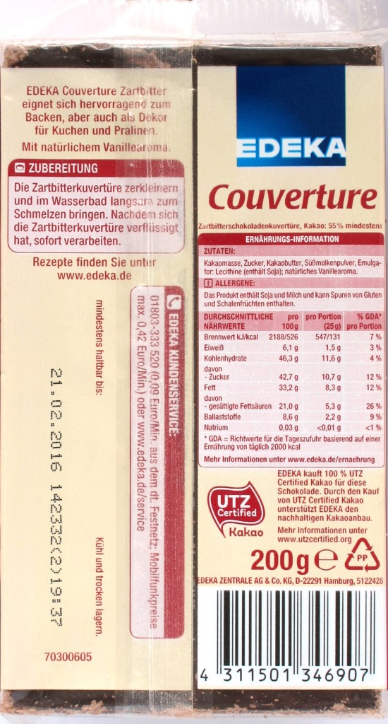 EDEKA-Zartbitterkuvertüre, Rückseite