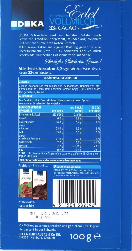 Rückseite Edeka-Milchschokolade 33% Schweiz