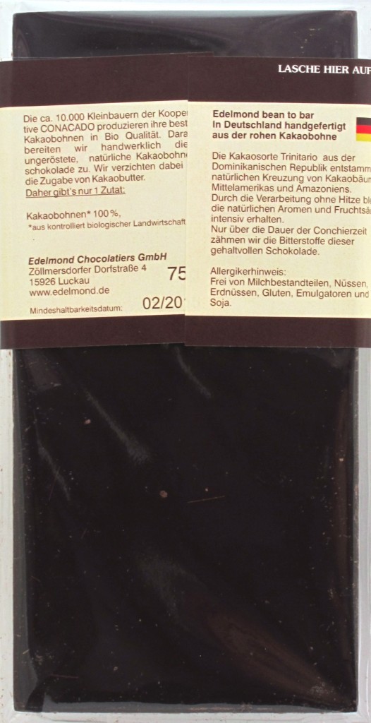 Edelmond 100% Trinitario Raw Chocolate, Dominikanische Republik: Rückseite