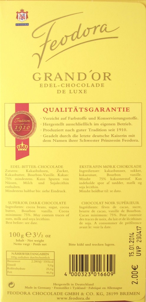 Feodora Grand'Or Milde Edel-Bitter Edel-Chocolade - Inhaltsangaben