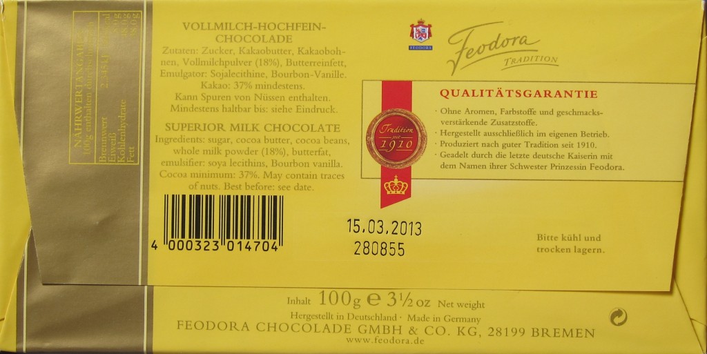 Feodora Vollmilch-Hochfein-Chocolade - Rückseite