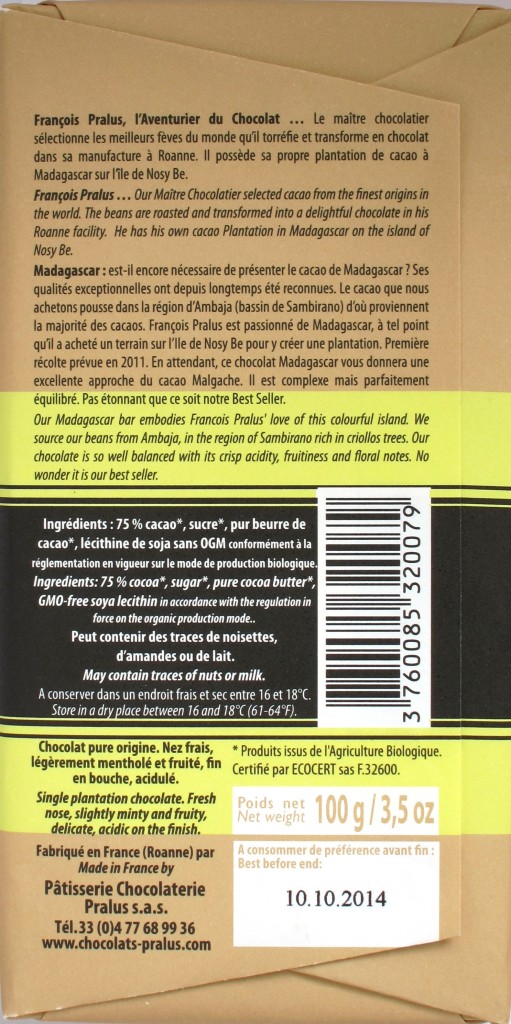 Pralus-Schokolade Madagascar 75%, Rückseite