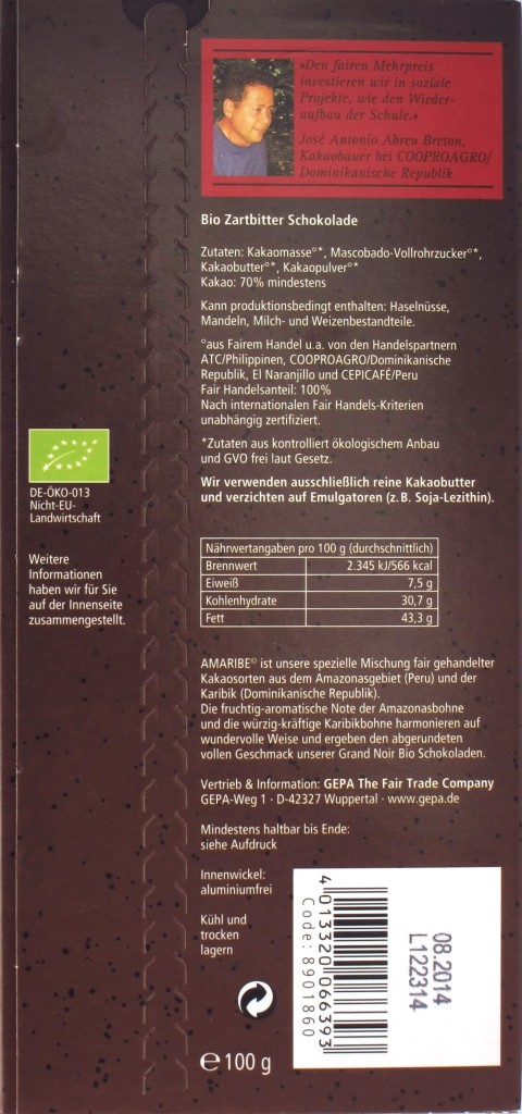 Tafelrückseite GEPA 70%-Zartbitterschokolade