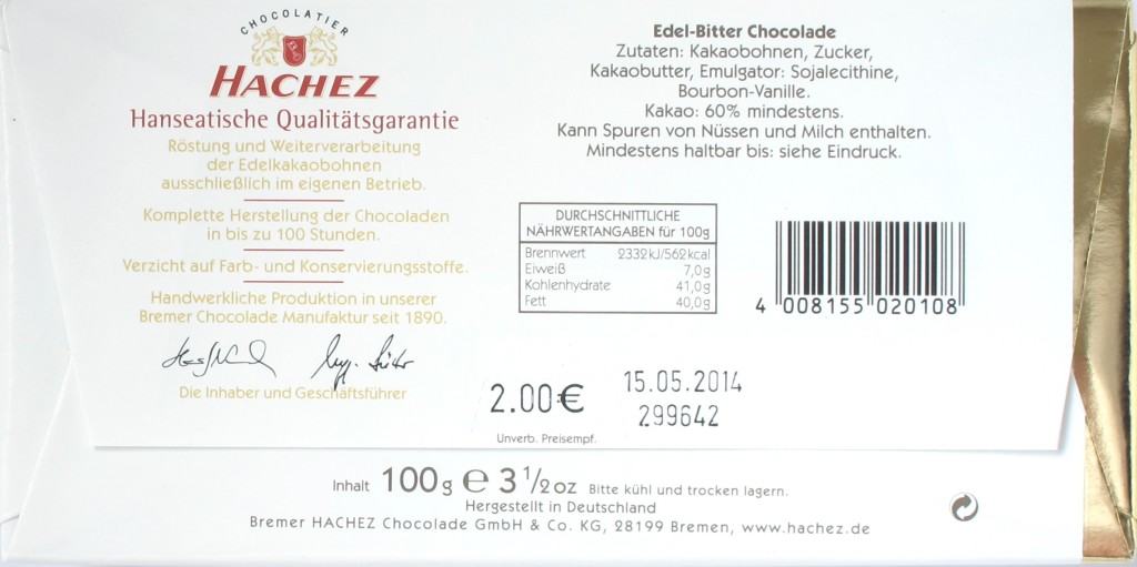 Hachez-60%-Bitterschokolade, Rückseite