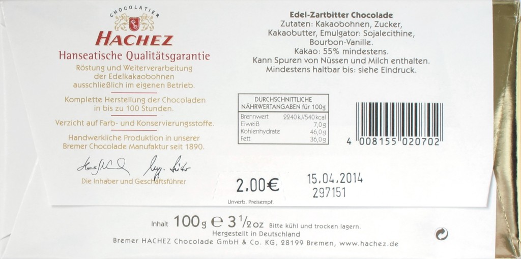 Hachez 55% Edel-Zartbitter-Schokolade, Rückseite