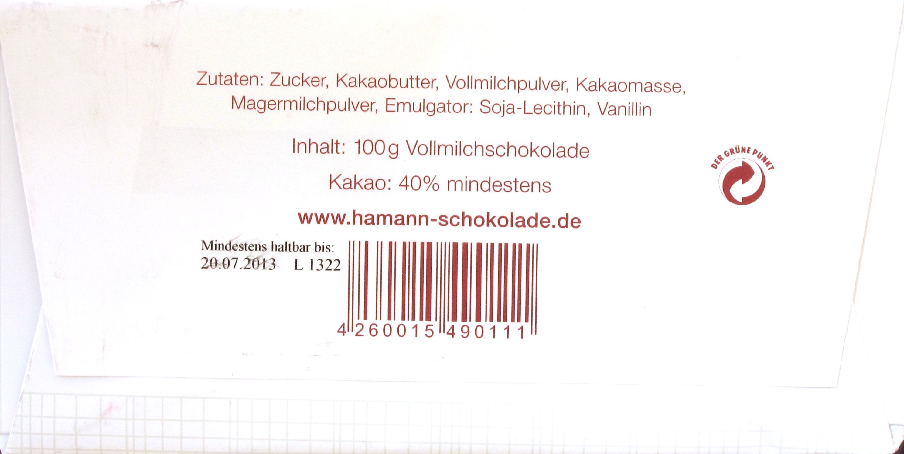 Packungsrückseite, Erich Hamann, 40%-Schokolade