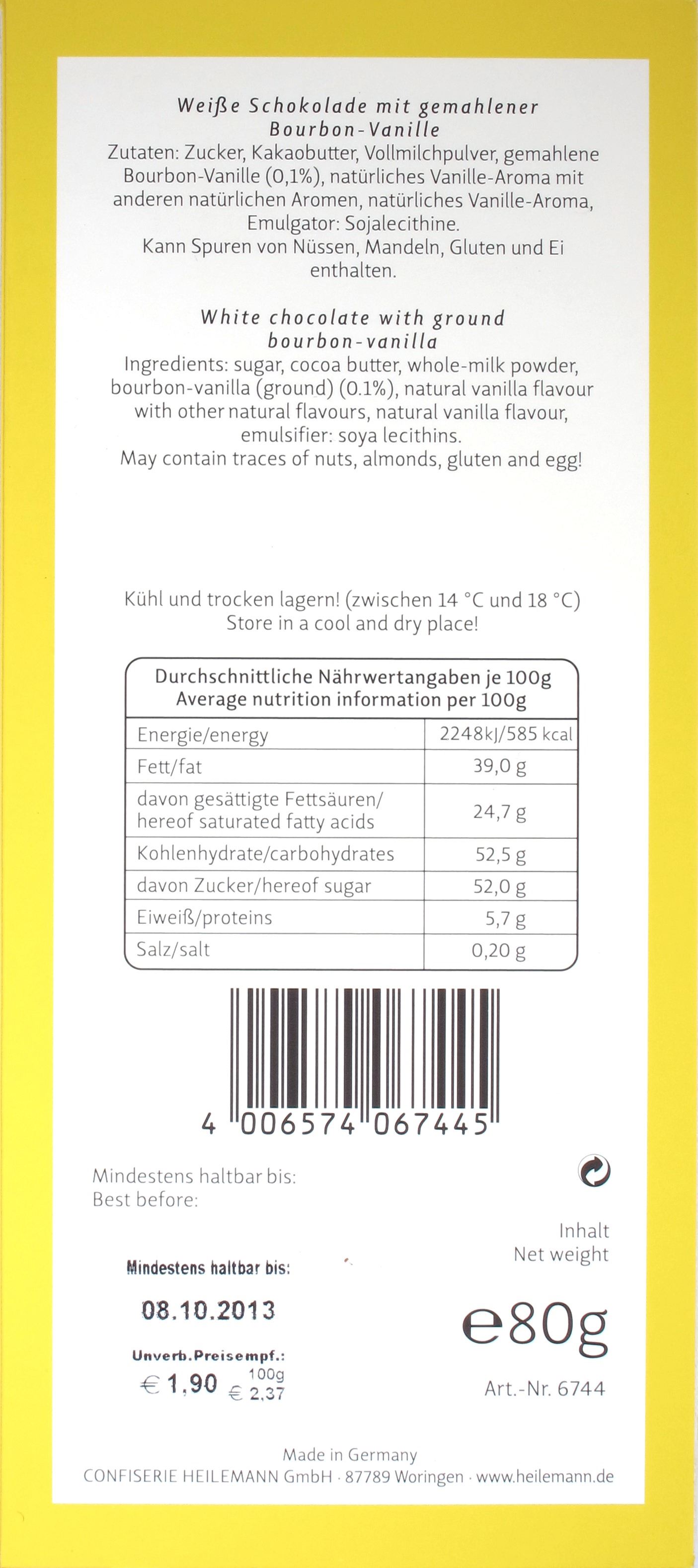 Confiserie Heilemann: Weiße Schokoladen-Tafel (Rückseite)