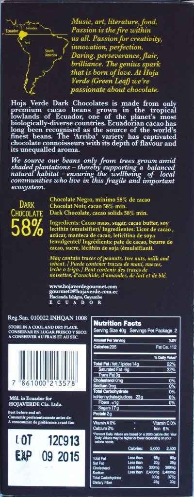 Hoja Verde 58%-Ecuador-Arriba-Schokolade, Rückseite