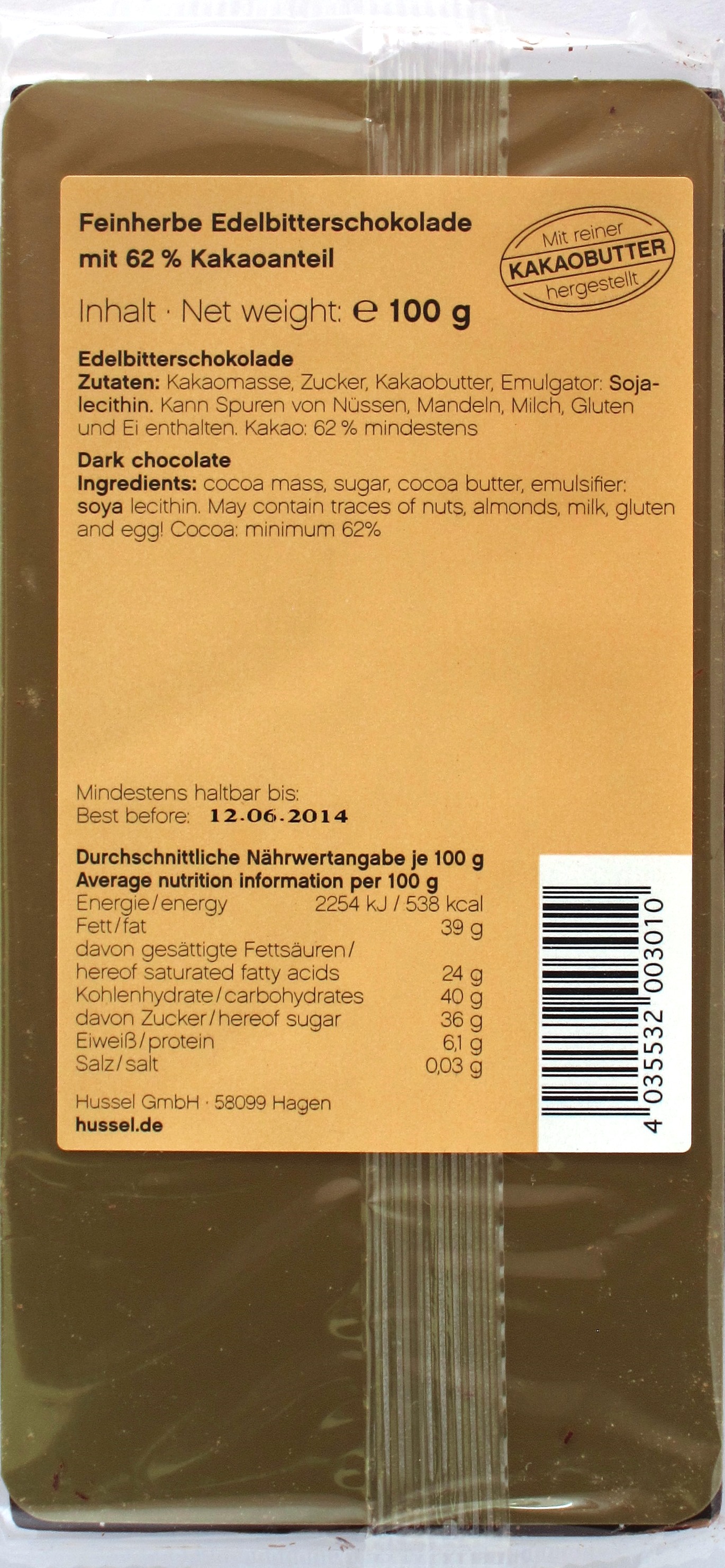 Hussel Edelbitterschokolade 62%, Rückseite