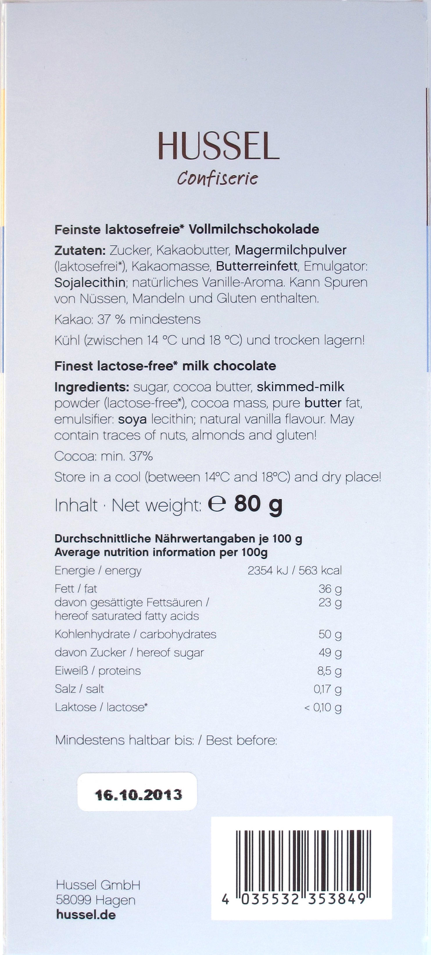 Hussel/Heilemann laktosefreie Vollmilchschokolade - Rückseite