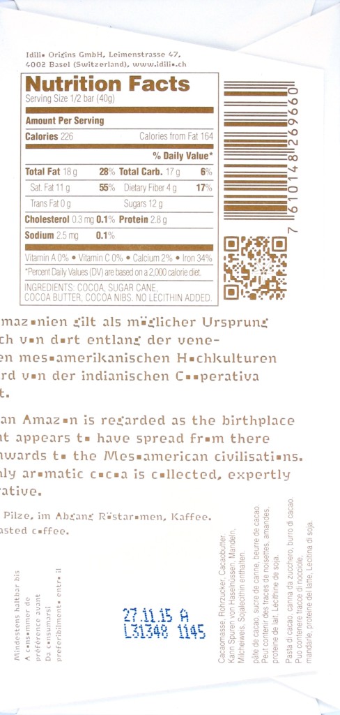 Idilio Cooperativa Amazonas mit Nibs, Rückseite