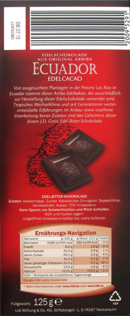 Rausch/LIDL "J. D. Gross" Ecuador-70%-Schokolade - Packungsrückseite