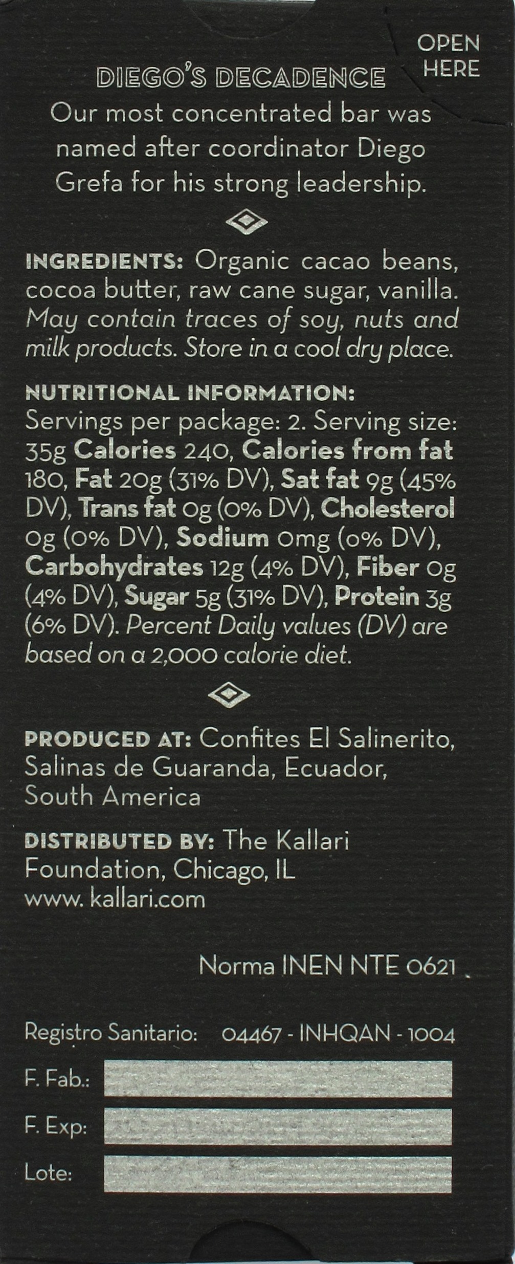 Rückseite, Kallari-Schokolade Sacha "Diego's Decadence" (85%)