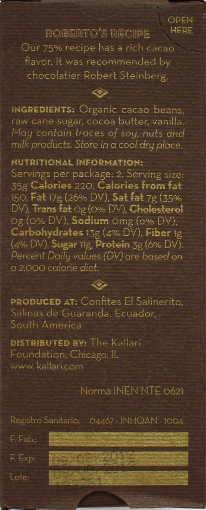 Kallari-75%-Schokolade Roberto's Recipe (Sacha-Reihe) - Rückseite