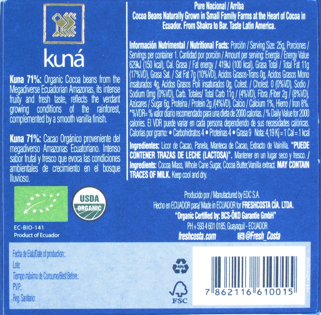 Kuna Ecuador-Schokolade 71%, Rückseite