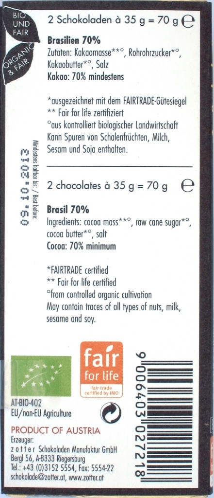 Verpackungsrückseite Zotter/Labooko-Schokolade Brasilien 70%