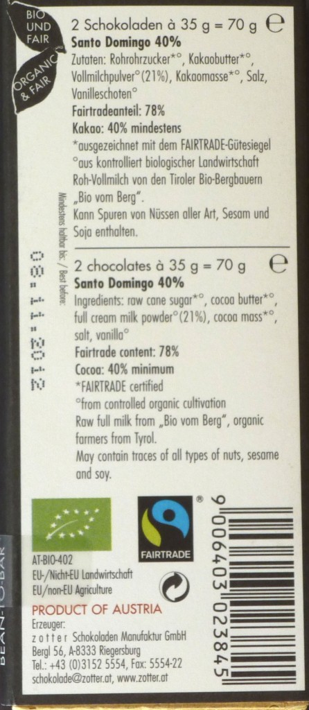Rückseite einer Packung Labooko 40% Milchschokolade