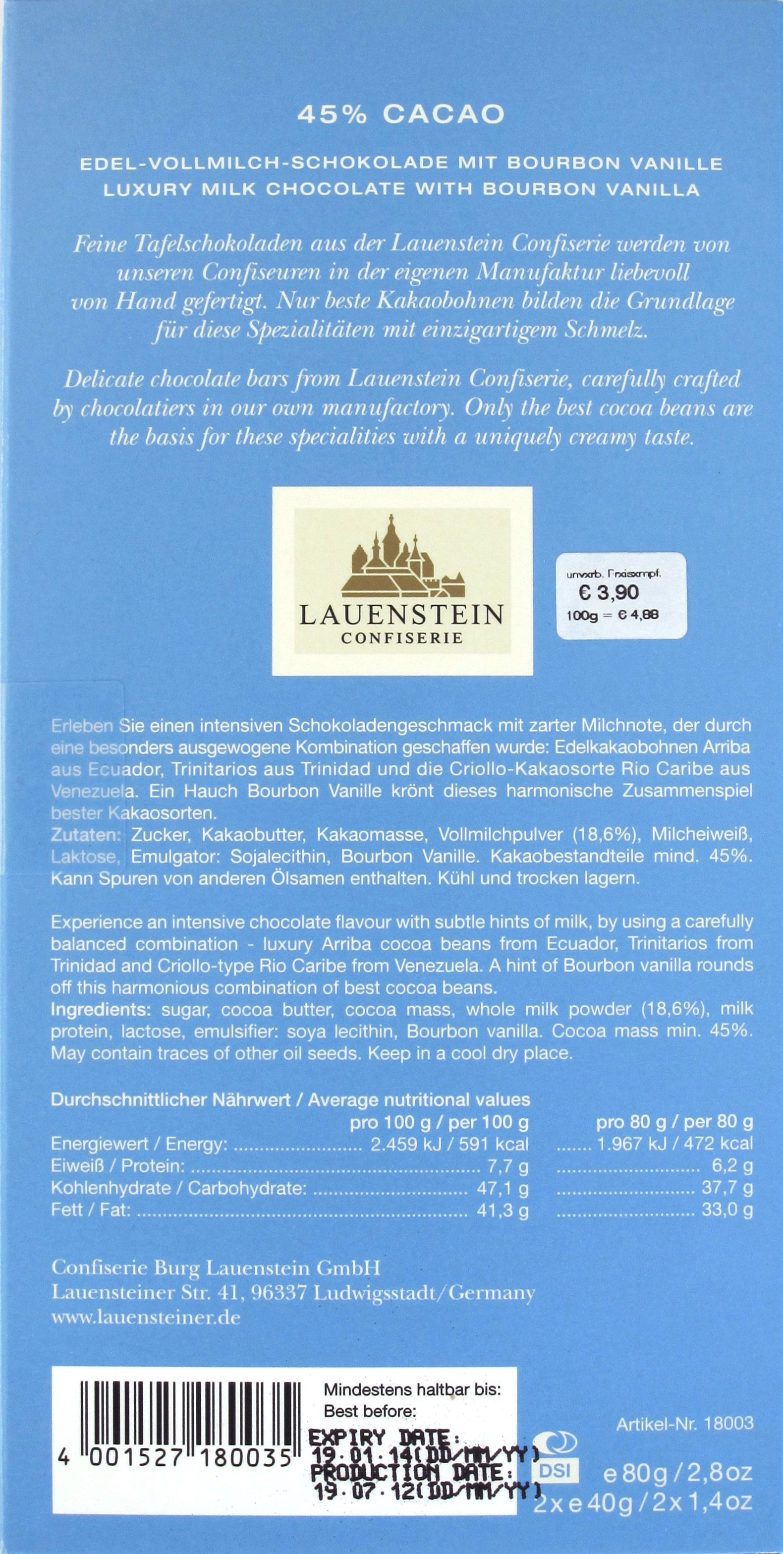 Lauenstein-Milchschokolade 45%, Rückseite
