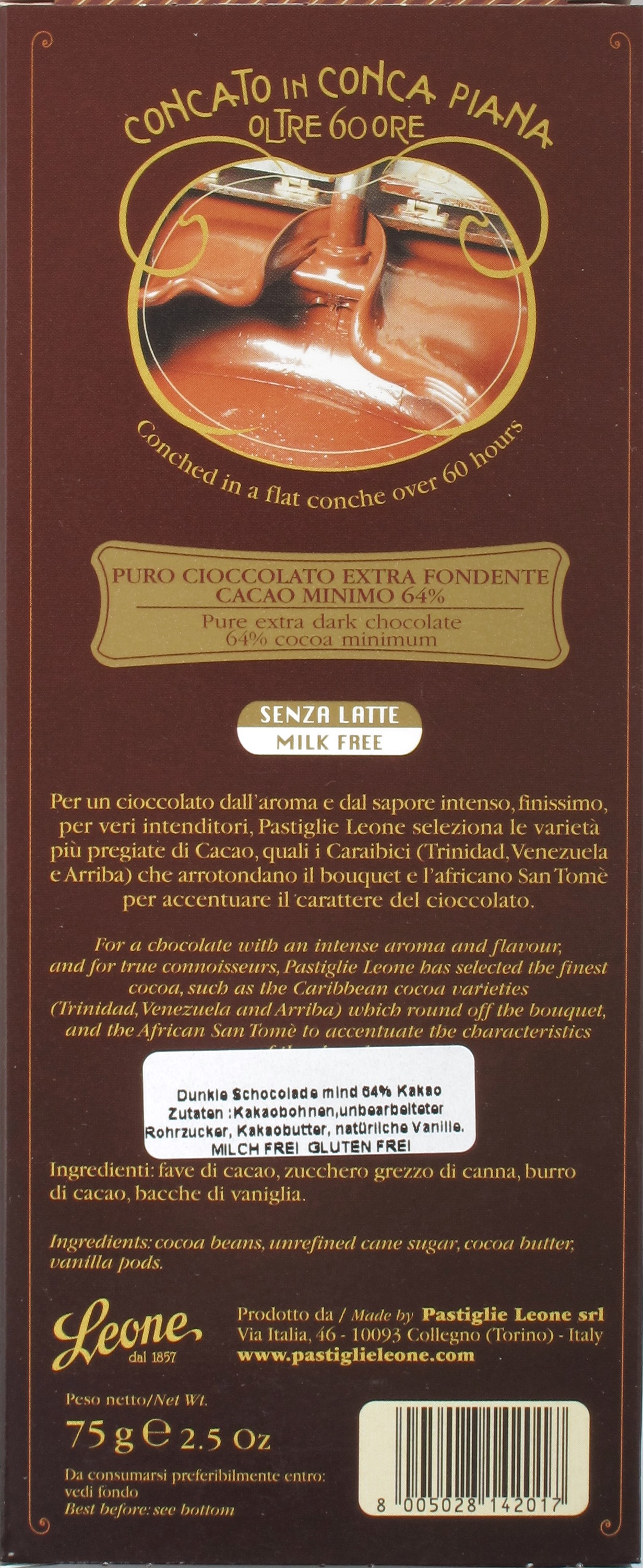 Pastiglie Leone Bitterschokolade 64%, Rückseite