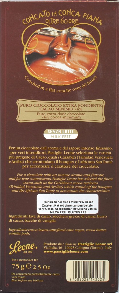 Pastiglie Leone Bitterschokolade 74%, Rückseite
