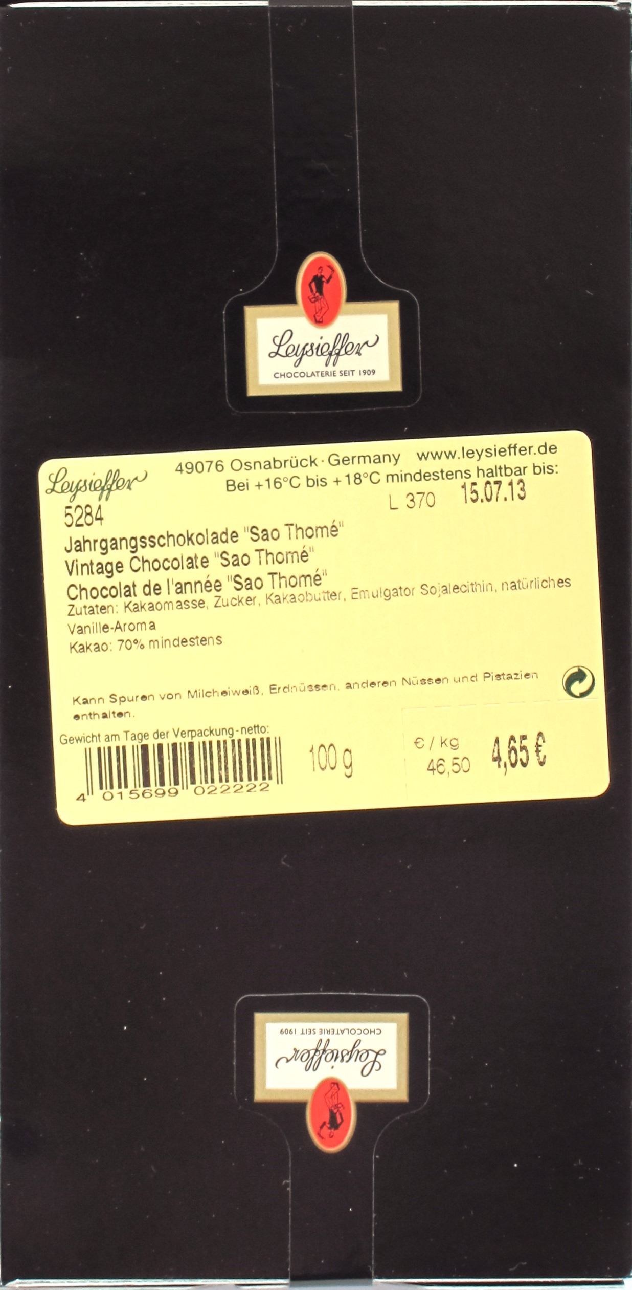 Leysieffer 2011-Jahrgangsschokolade, Rückseite