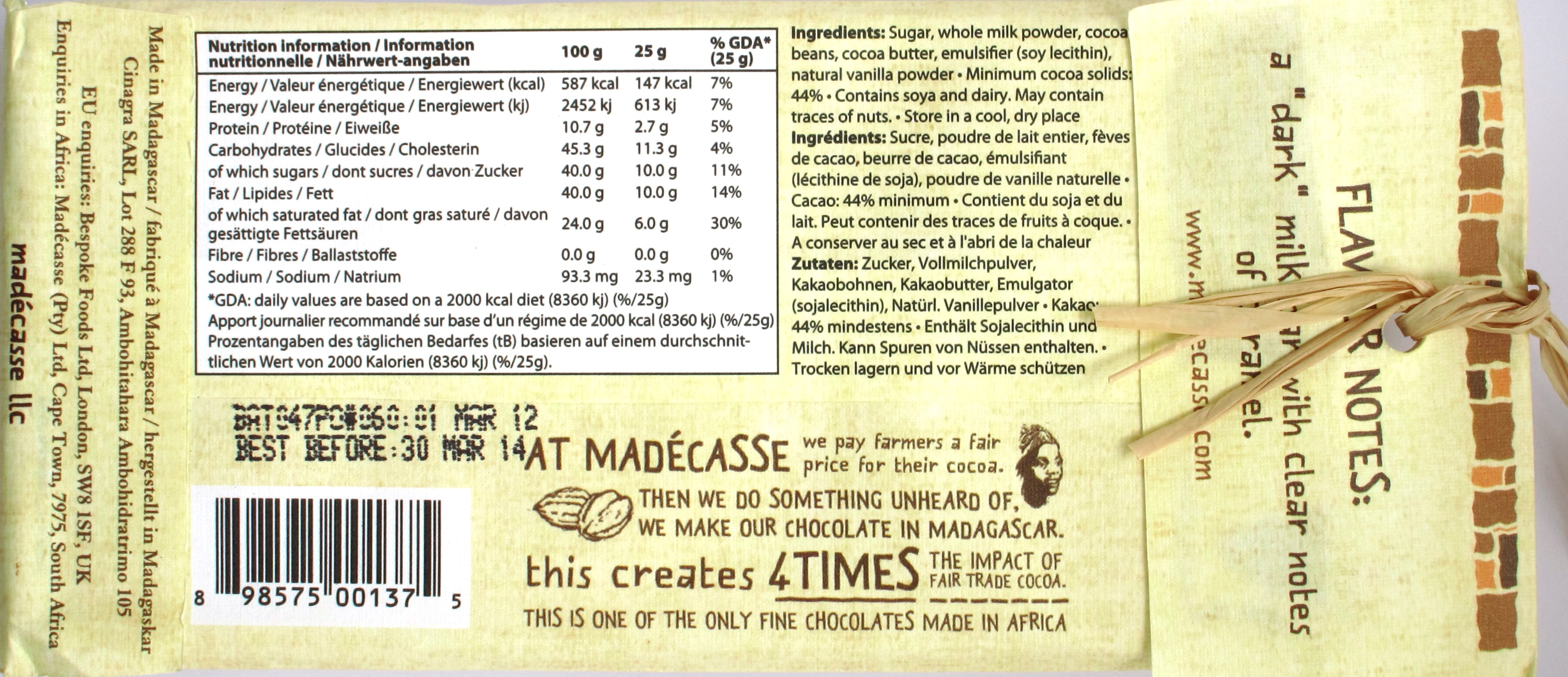 Madécasse 44%-Milchschokolade, Rückseite