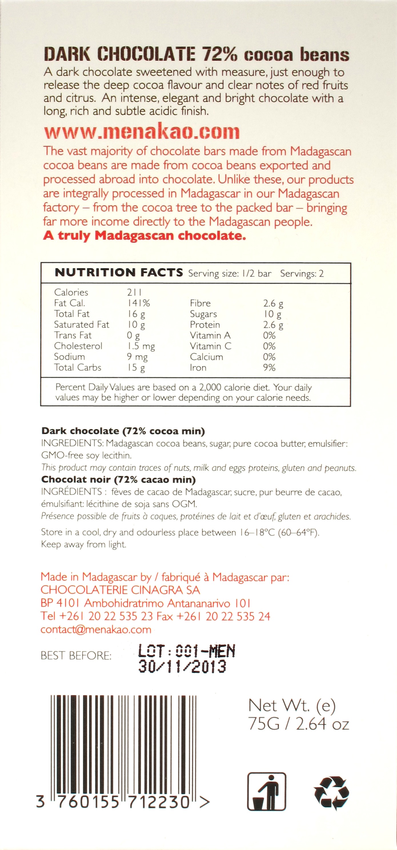 Menakao-Schokolade Madagaskar 72% - Rückseite
