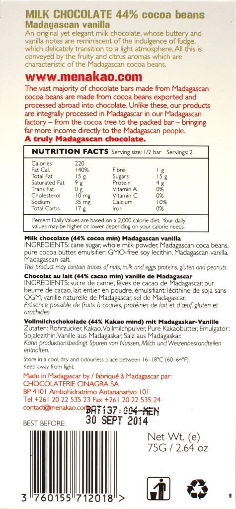 Menakao-Milchschokolade 44% "Madagascan Vanilla", Rückseite