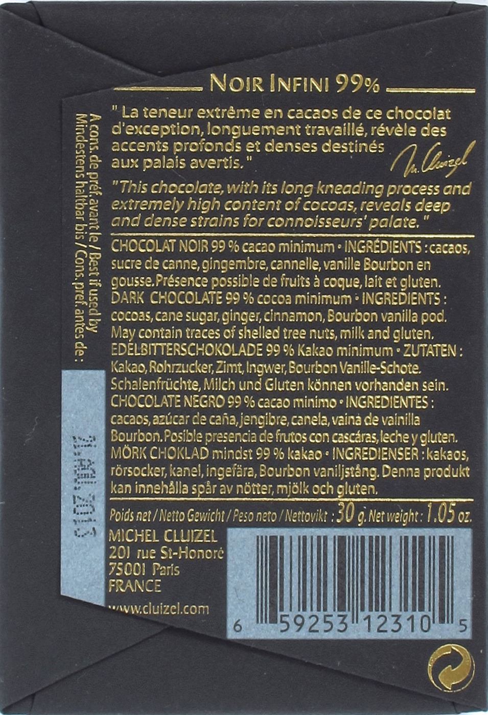 Rückseite, Michel Cluizel 100%ige Schokolade Noir Infini